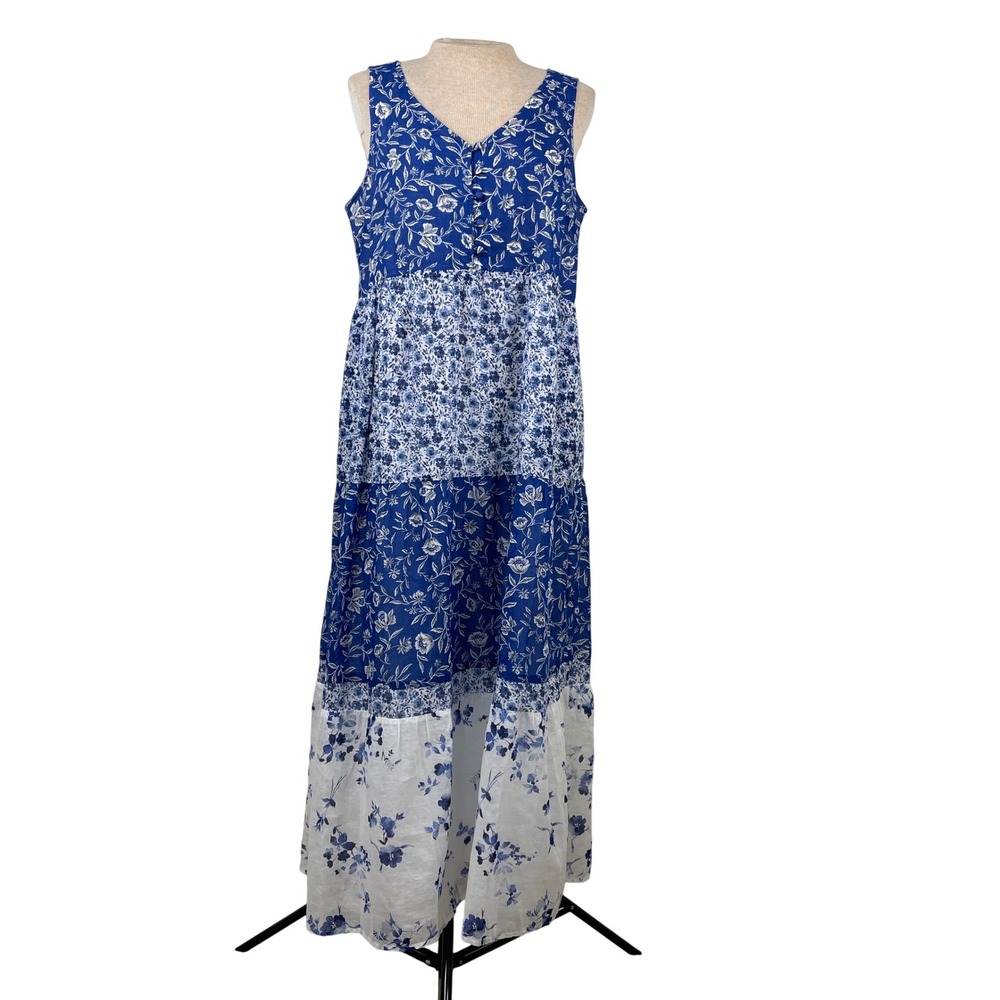 J. Jill Womens Blue Floral Tiered Cotton Maxi Dress Sleeveless V-Neck Small